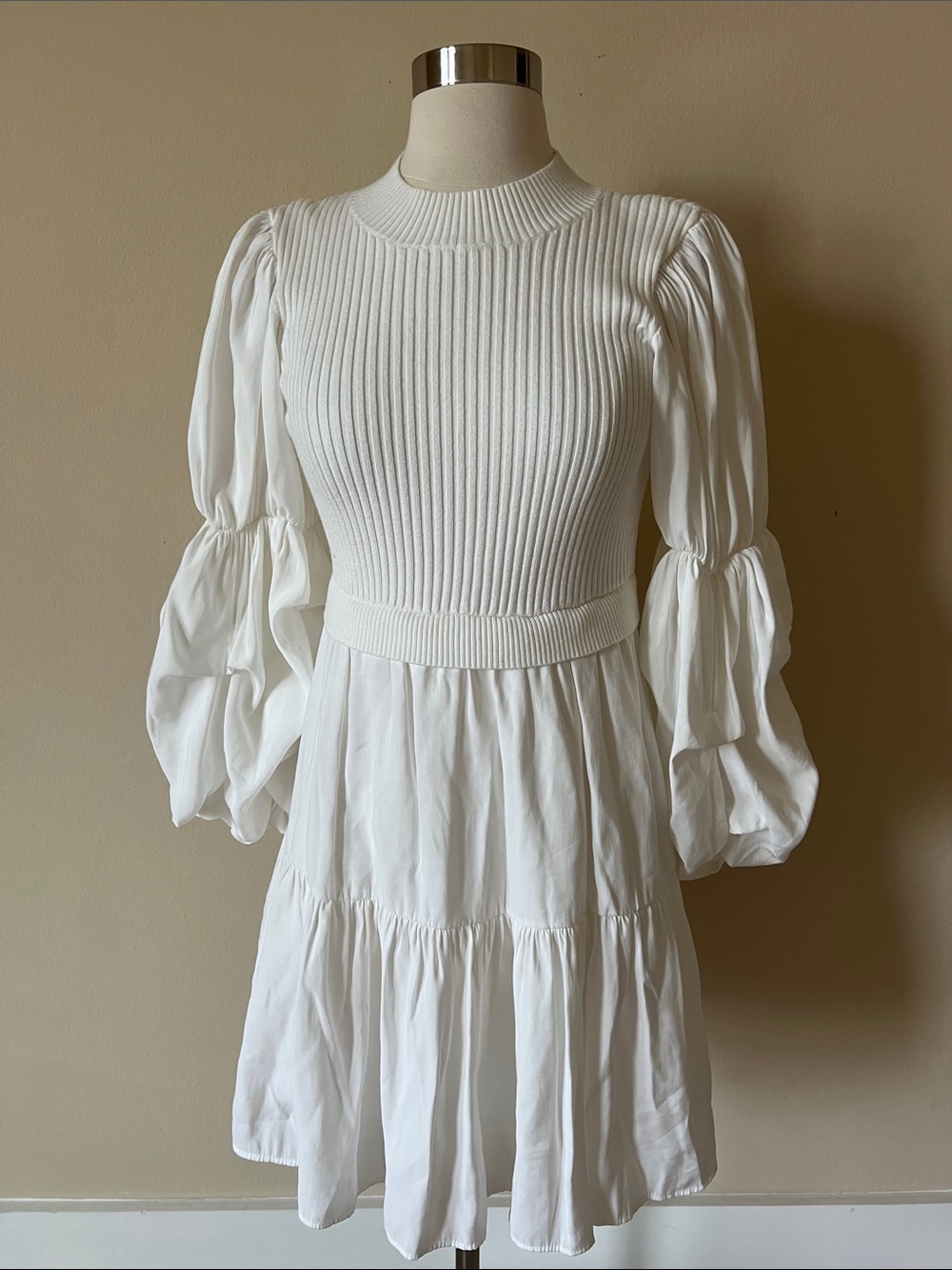 English Factory White Puff-Sleeve Knit Bodice Dress